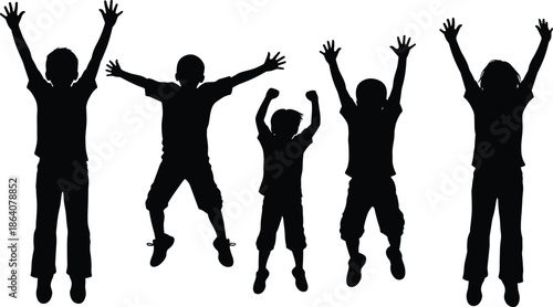 Group of children jumping with hands up silhouettes vector illustration set, happy boys and girls figures in mid-air motion, joyful childhood activity and energy 
