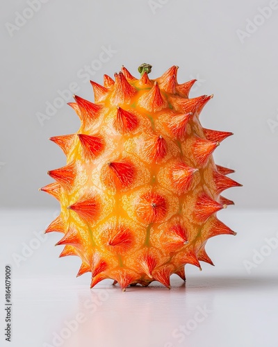 A bright orange kiwano melon with vibrant, sharp spikes stands out on a clean studio surface.