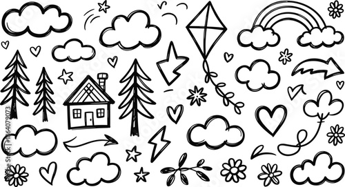 Set of cute hand drawn nature doodles with clouds trees house and rainbow, black sketch vector illustration elements collection