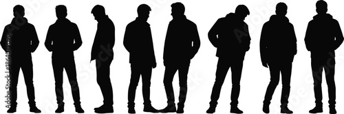 Group of men silhouettes in casual winter jackets and hoodies, male characters standing in various poses, urban street wear black vector illustration