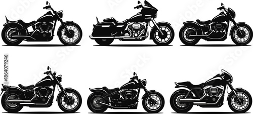 Motorcycle silhouette vector set, cruiser and touring bike icons, side view transport graphics, black vehicle design elements, stock illustration