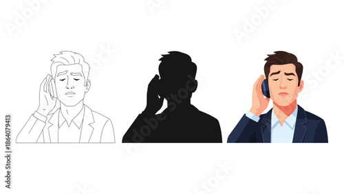 Businessman talking mobile phone, set of three styles sketch, silhouette, and full color illustration