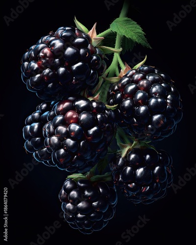 A close-up, detailed view of a luscious, ripe blackberry cluster with a deep, glossy texture on a dark background