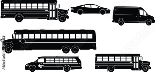 School bus and electric vehicle silhouette vector set, public transport and eco car icons, black side view graphics, stock illustration