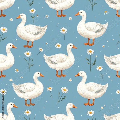A charming seamless pattern featuring white geese and delicate chamomile flowers against a soft blue background. Perfect for spring and summer-themed designs. AI