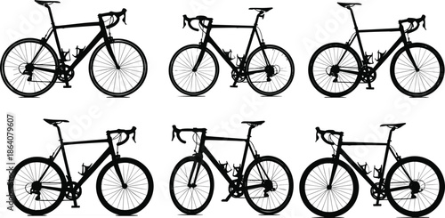 Road bicycle silhouette vector set, drop handlebar cycling icons, side view black bike graphics, stock illustration for catalog