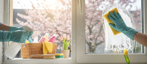 Spring cleaning concept with cleaning supplies and tools to make house cleaner