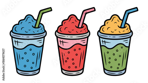 Refreshing Trio of Iced Drinks: A colorful trio of iced drinks with unique flavors and textures, each served in a transparent cup with a vibrant straw.