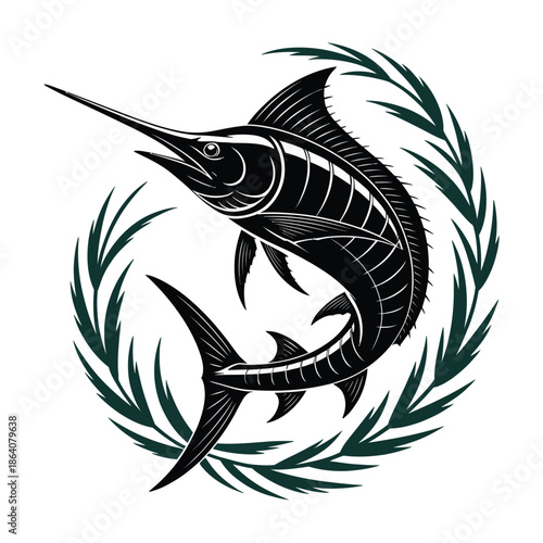 Black and green marlin fish with water swirls