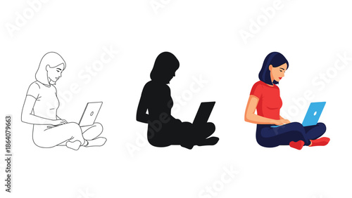 Set of three illustrations of a young woman sitting crosslegged and working a laptop line art, silhouette, and full color version