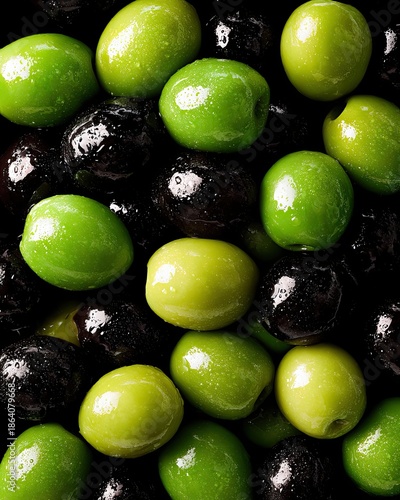 A close-up of a glossy mix of fresh green and black olives, showcasing their vibrant textures and natural appeal.