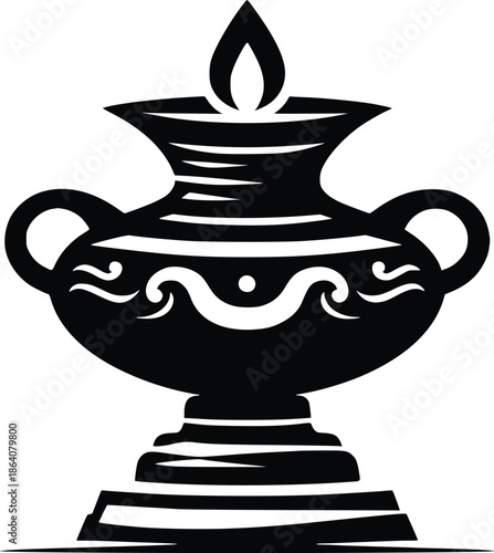 Elegant black and white illustration of an ancient vase with a burning flame