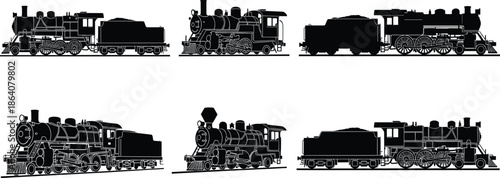 Steam locomotive silhouette vector set, vintage train icons, side view railway engine graphics, black transport design elements, stock illustration