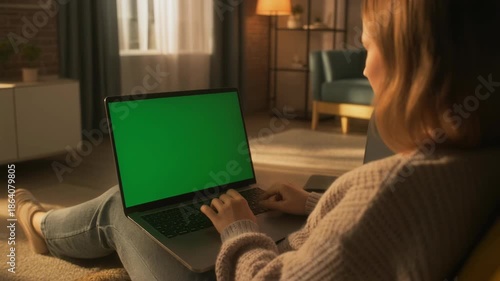 Woman relaxing at home, sitting on the floor and typing on a laptop with a green screen in a cozy living room.
