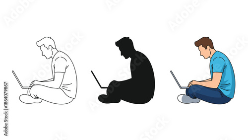 Man sitting crosslegged and working a laptop computer, presented in three styles outline, silhouette, and full color illustration