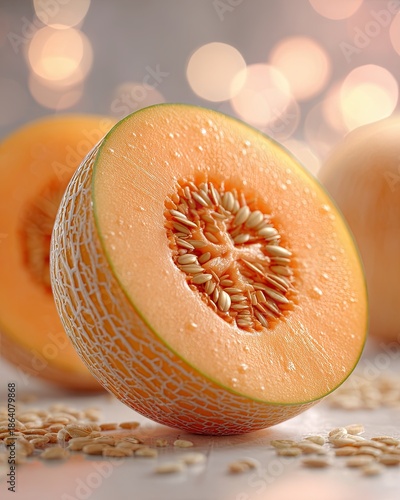 A close-up view of a fresh cantaloupe melon slice, showcasing its visible seeds and moist texture, perfect for summer delights