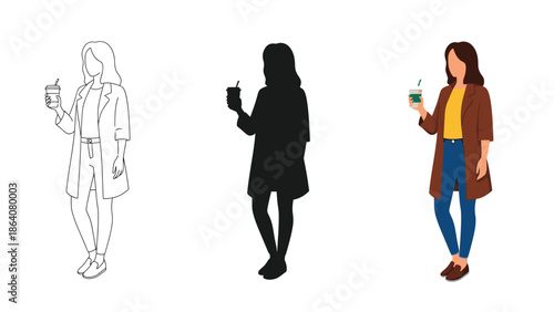 Set of three illustrations of a woman holding a drink line art, silhouette, and full color vector drawing