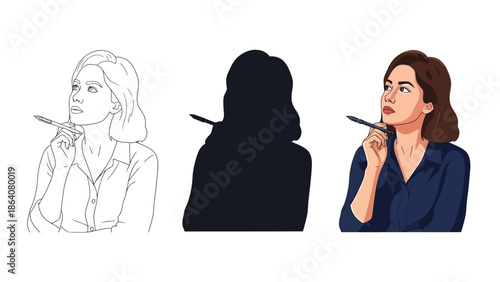 Set of three illustrations of a thoughtful businesswoman holding a pen line art, silhouette, and full color portrait