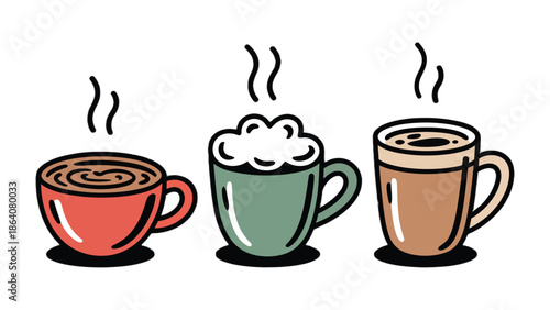 Coffee Cup Trio: A colorful trio of steaming coffee cups, each unique, stand side by side, offering warmth and aroma. Perfect for cafes and coffee shops.