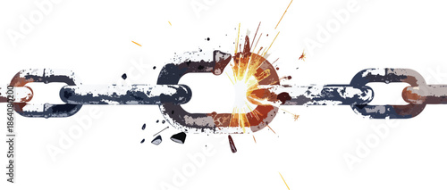 Broken Chain Link with Sparks, Symbolizing Freedom, Liberation, and Breaking Barriers Concept in Dramatic Close-Up