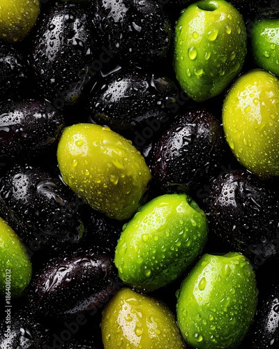 A Close-Up View of a Vibrant Mix of Fresh Green and Black Olives with Water Droplets, Showcasing Their Glossy Texture