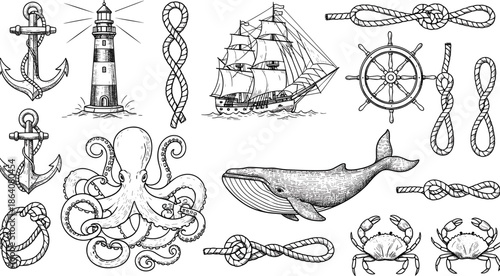 Set of hand drawn nautical marine elements with ship anchor whale octopus and lighthouse, vintage sketch vector illustration collection
