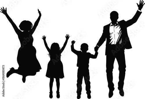Happy family jumping together silhouette vector illustration, parents and children celebrating success, active joy and freedom isolated on white background, group icon