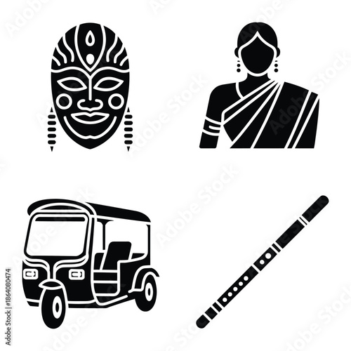 Black and white of mask, woman in sari, auto rickshaw, and flute