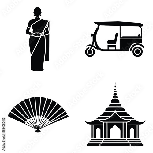 Black and White Silhouettes of Woman in Sari, Tuk- Tuk, Fan, and Temple