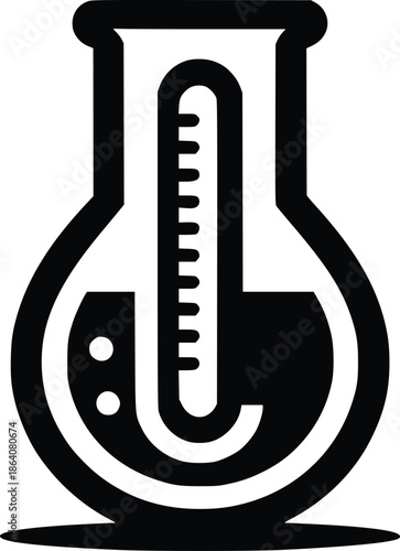 A black and white illustration of a flask with a thermometer inside