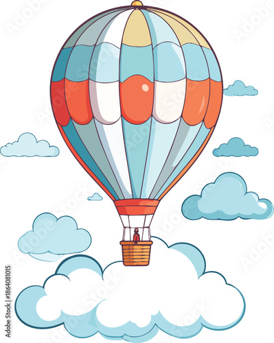 Hot Air Balloon Ascending Above Stylized Clouds in a Dreamy Sky Adventure Scene