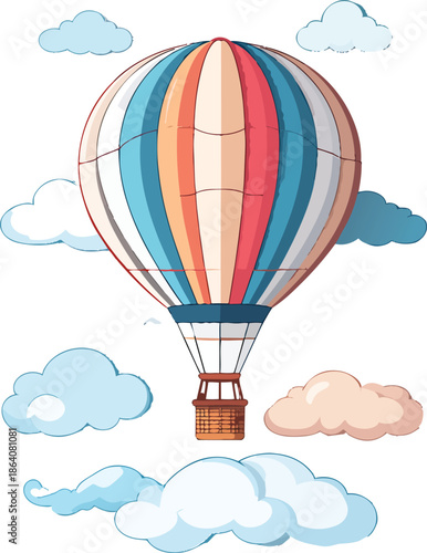 Hot Air Balloon Rising Gracefully Above Stylized Clouds in a Colorful Sky Adventure Scene