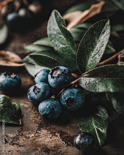 A Cluster of Ripe Blueberries on a Branch With Dark Green Leaves Against a Textured Rustic Background
