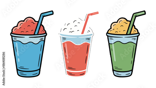 Colorful Coolers: A vibrant collection of refreshing frozen drink beverages. Each glass presents unique flavors and a touch of sweetness, perfect to quench any thirst.