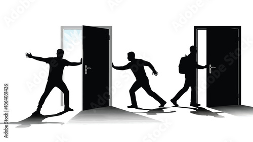 People entering and exiting through different doors
