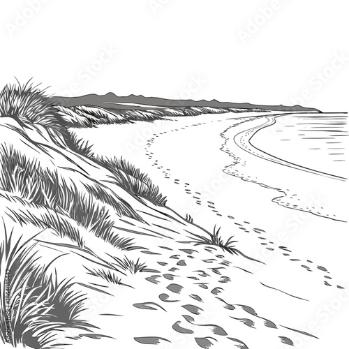 Grayscale of coastal sand stretch with subtle wave marks and footprints