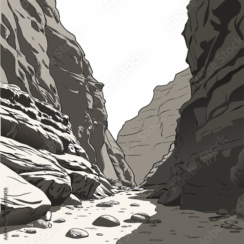 Rocky canyon base with narrow shadows realistic grayscale