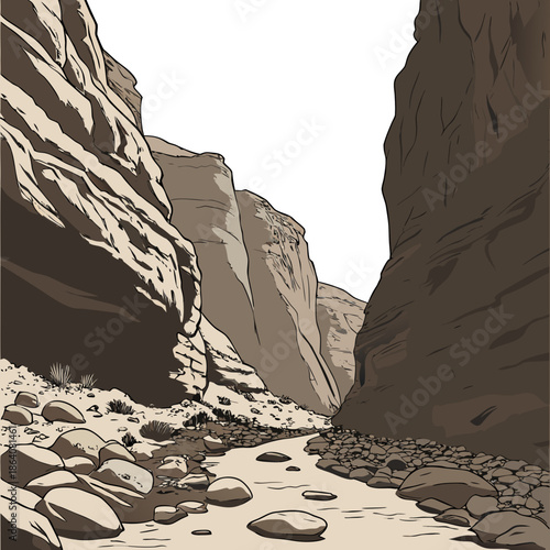 Rocky canyon base with narrow shadows realistic view