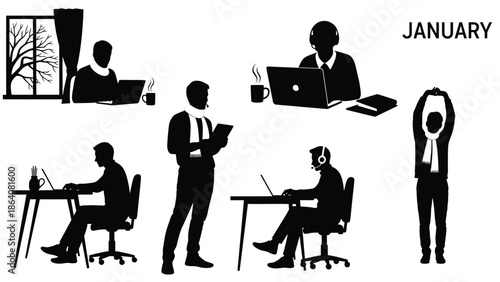 People working on laptops in office during january