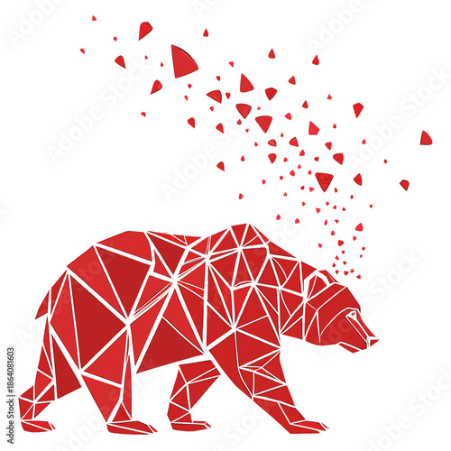 Red bear made of geometric shards breaking apart polygon