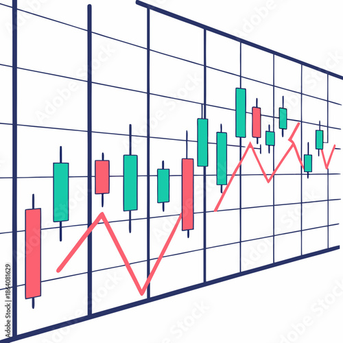 3 D candlestick chart with red line graph and grid background