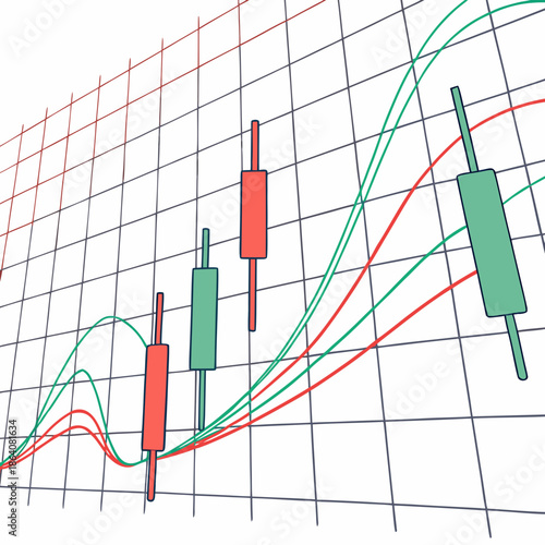3 D candlestick chart with energy flow lines in trading graph