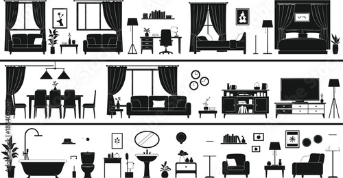 Home Furniture and Interior Decor Silhouette Icons, Black Vector Set of Living Room, Bedroom, Dining Room, Bathroom, and Home Office Furnishings, Housing Design Elements.
