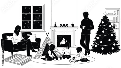 Family enjoying christmas together indoors with fireplace