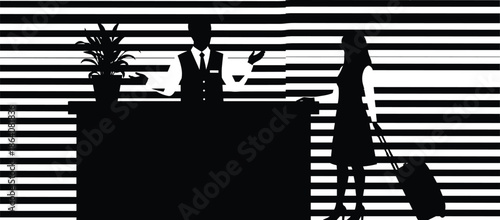 Hotel reception desk silhouette with male receptionist welcoming female guest with suitcase, hospitality industry service, check in at lobby counter, black and 