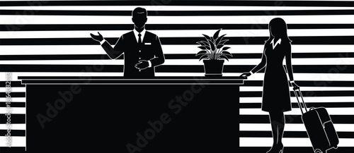 Hotel reception silhouette with male receptionist welcoming female guest with suitcase, office check in desk, professional hospitality service, travel and business concept
