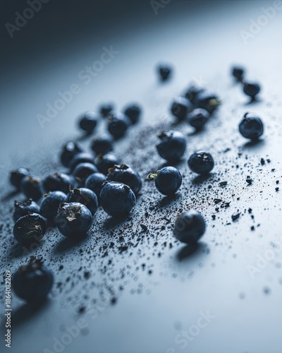 A collection of deep blue blueberries scattered naturally on a textured dark surface, showcasing their vibrant color and fresh texture.