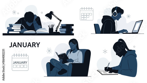 People engaged in various study activities in january