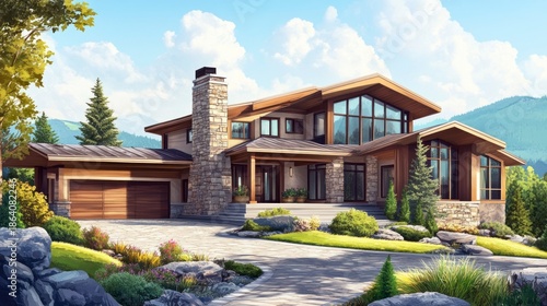 Modern house exterior with landscaping against a clear blue sky daytime