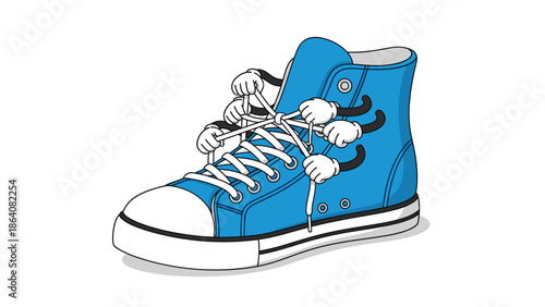 Vibrant blue cartoon sneaker with playful hands tying shoelaces